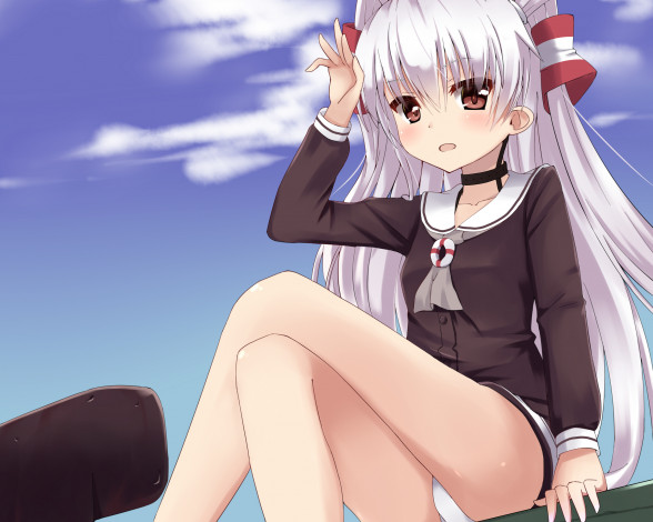 Обои картинки фото аниме, kantai collection, kancolle, девочка, небо, арт, nisankatanso, iwashi, amatsukaze, kantai, collection