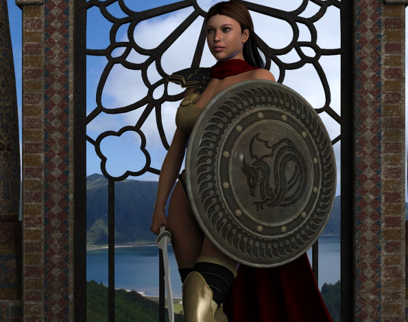 Обои картинки фото 3д графика, амазонки , amazon, взгляд, девушка, оружие, щит, фон