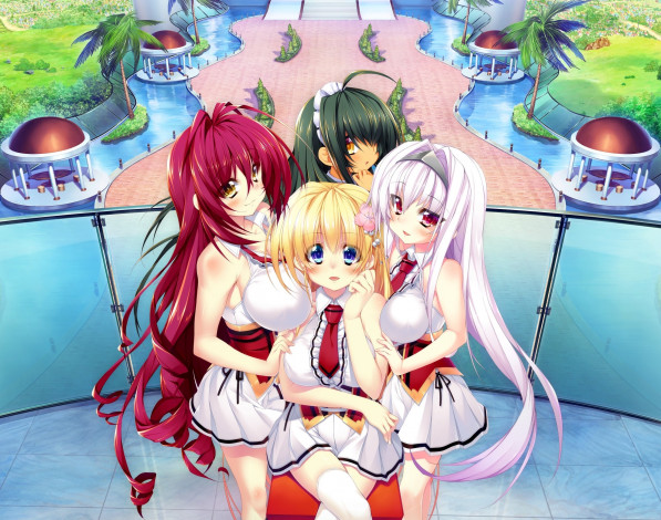 Обои картинки фото аниме, unknown,  другое, группа, fione, royal, garden, mikogami, haruruko, yue, арт, enshouin, himezakura, kamitsurugi, ouka, девушки, бассейн, лето