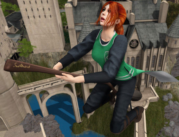 Обои картинки фото 3д графика, фантазия , fantasy, метла, взгляд, фон, девушка, полет