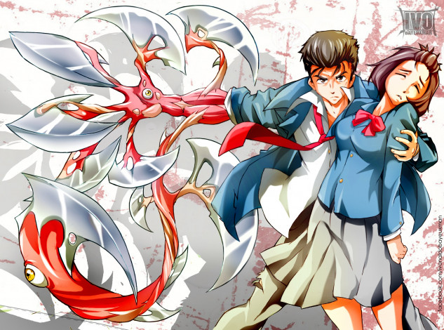 Обои картинки фото kiseijuu,  sei no kakuritsu, аниме, девушка, мурано, шиничи, правик, арт, паразит, парень