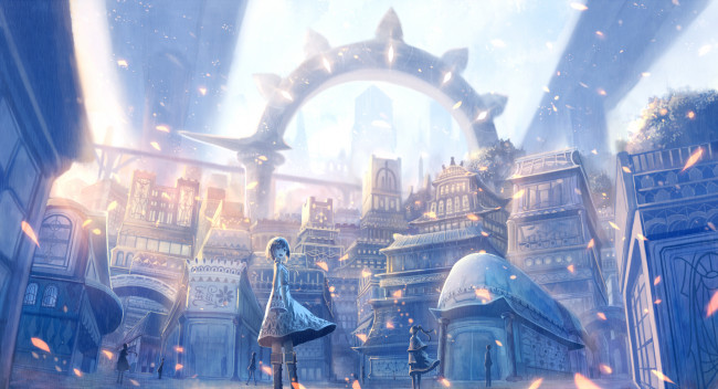 Обои картинки фото аниме, город,  улицы,  здания, люди, bou, nin, арт