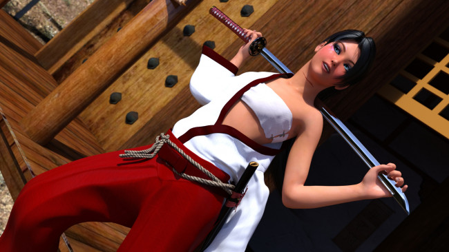 Обои картинки фото 3д графика, люди , people, оружие, фон, взгляд, девушка