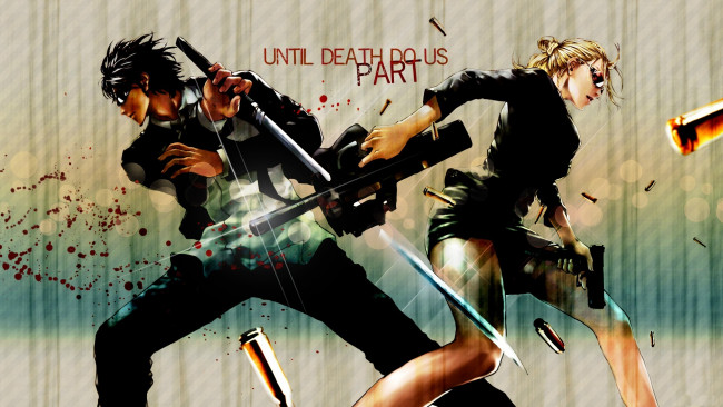 Обои картинки фото аниме, оружие,  техника,  технологии, кровь, катана, until, death, do, us, part, гильзы, темные, очки, пистолет, наемники