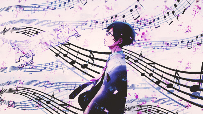 Обои картинки фото аниме, shigatsu wa kimi no uso, ноты, парень, dinocojv, арт, музыка