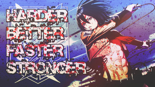 Обои картинки фото аниме, shingeki no kyojin, микаса, оружие, девушка, атака, титанов, кровь, слова, dinocojv, арт