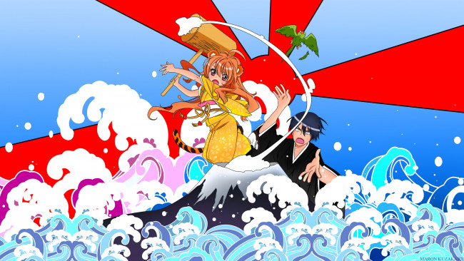 Обои картинки фото аниме, toradora, kuzakawe, maron, takasu, ryuuji, aisaka, taiga, девочка, парень, арт