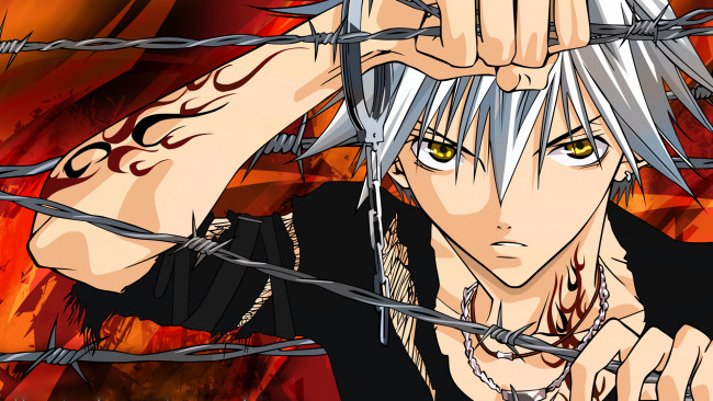 Обои картинки фото аниме, zombie-loan, взгляд, парень, колючая, проволока