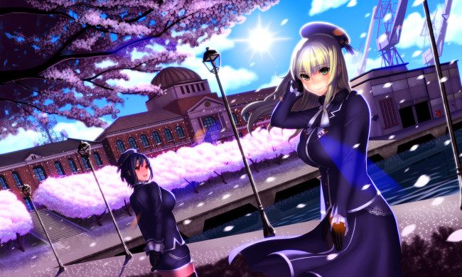 Обои картинки фото аниме, kantai collection, девушки, арт, kancolle, atago, kantai, collection, misumi, niku-kyu, takao, сакура, весна