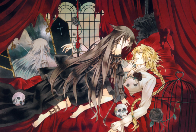 Обои картинки фото аниме, pandora hearts, жертва, гроб, pandora, hearts, alice, baskerville, шипы, клетка, разбитое, зеркало, черепа