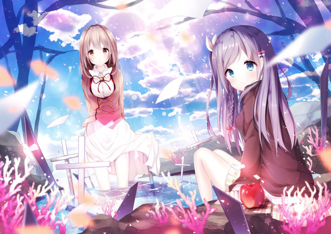 Обои картинки фото аниме, unknown,  другое, девочки, яблоко, арт, kabako