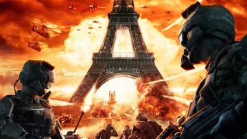 Картинка tom+clancy+s+endwar+-+2 видео+игры tom+clancy`s+endwar вертолеты огонь башня самолеты война солдаты париж