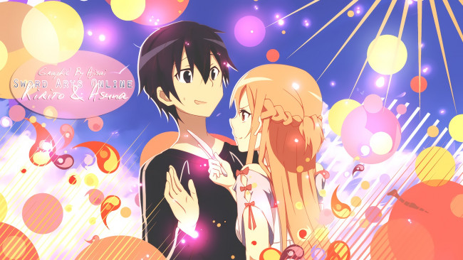 Обои картинки фото аниме, sword art online, парень, фон, взгляд, девушка