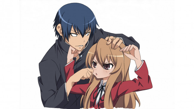 Обои картинки фото аниме, toradora, парень, взгляд, фон, девушка