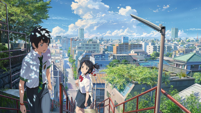 Обои картинки фото kimi no na wa, аниме, парень, взгляд, девушка, фон