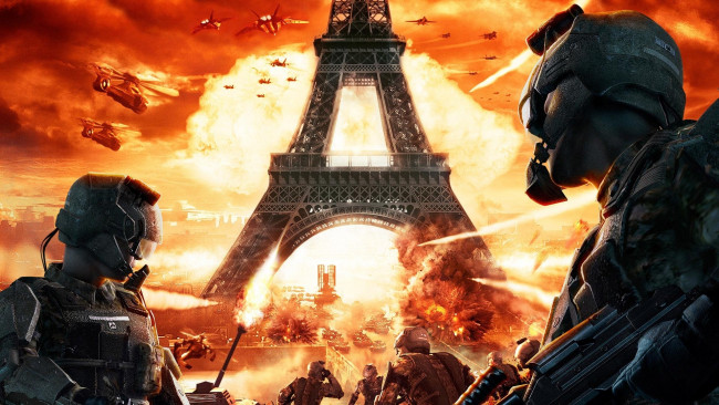 Обои картинки фото tom clancy s endwar - 2, видео игры, tom clancy`s endwar, вертолеты, огонь, башня, самолеты, война, солдаты, париж