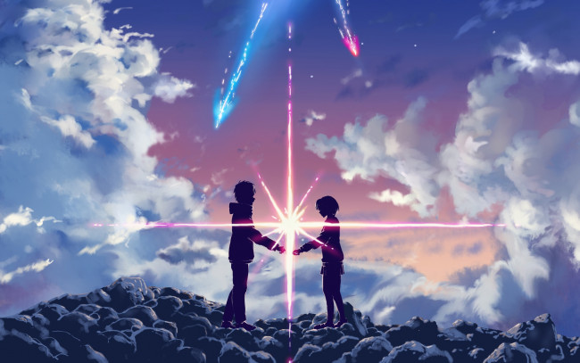 Обои картинки фото kimi no na wa, аниме, взгляд, парень, девушка, фон