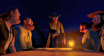 Картинка мультфильмы free+birds мужчина стол фонарь шляпа ночь много