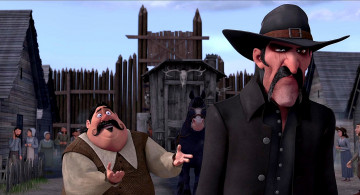 Картинка мультфильмы free+birds здание лошадь люди шляпа мужчина