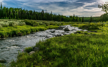 Картинка природа реки озера закат река камни поле лес