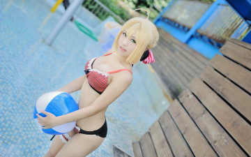 Картинка разное cosplay+ косплей сейбер купальник модель фигура лицо ножки бассейн волосы