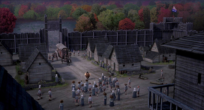 Обои картинки фото мультфильмы, free birds, деревья, карета, поселение, частокол, люди