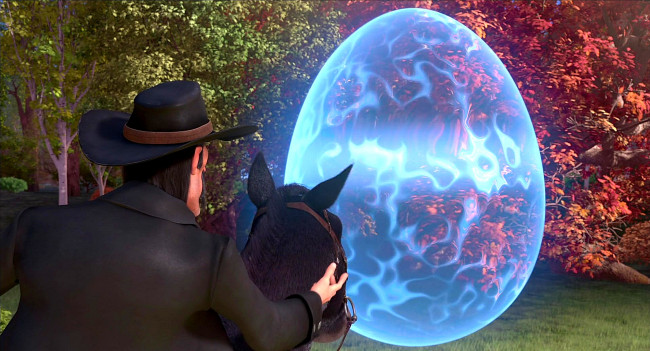 Обои картинки фото мультфильмы, free birds, машина, времени, деревья, лошадь, шляпа, мужчина