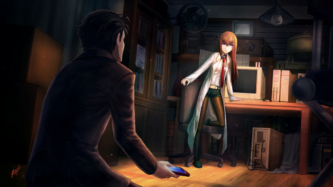 Обои картинки фото аниме, steins, gate, okabe, rintarou, makise, kurisu