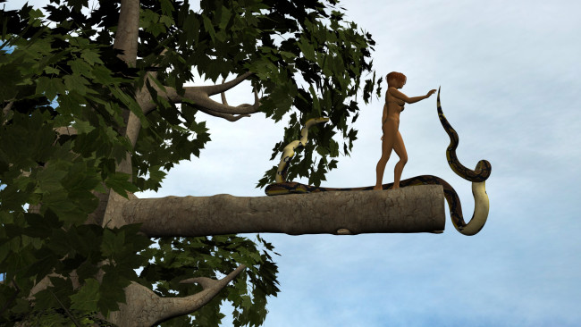 Обои картинки фото 3д графика, фантазия , fantasy, девушка, взгляд, фон, змея, дерево