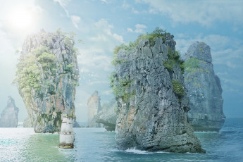 Картинка разное компьютерный+дизайн парусник фон скалы море