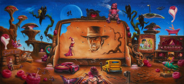 Картинка рисованное комиксы птица дом авто кинотеатр фон девушка нло