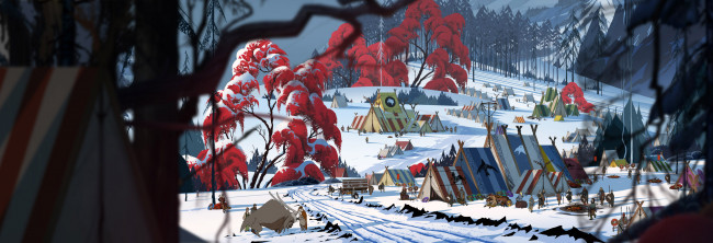 Обои картинки фото рисованное, города, деревня, фон, вигвам