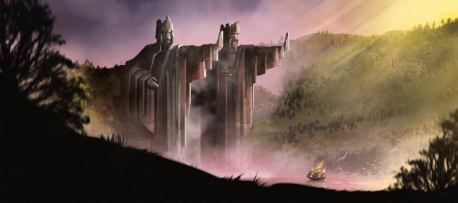 Обои картинки фото рисованное, кино, статуи, фон, корабль