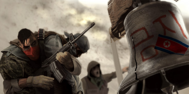 Обои картинки фото рисованное, армия, фон, мужчина, взгляд, колокол, автомат