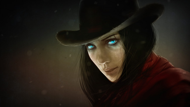 Обои картинки фото рисованное, кино, взгляд, фон, девушка, шляпа