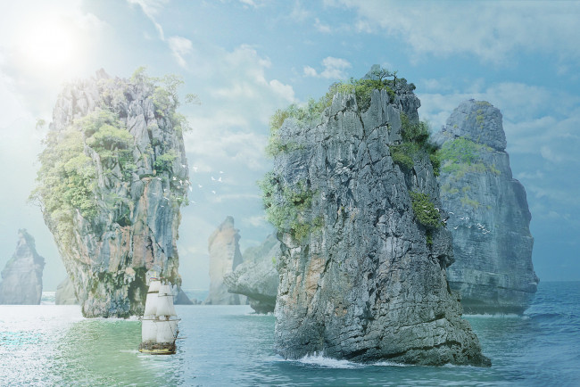 Обои картинки фото разное, компьютерный дизайн, парусник, фон, скалы, море