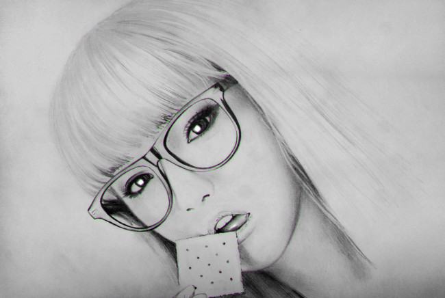 Обои картинки фото рисованное, люди, скетч, крекер, очки, взгляд, фон, девушка