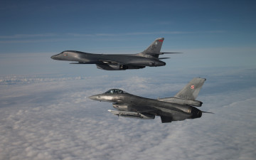 Картинка авиация разные+вместе rockwell b1 lancer b1b сверхзвуковой тяжелый бомбардировщик general dynamics f16 fighting falcon американский боевые самолеты ввс сша