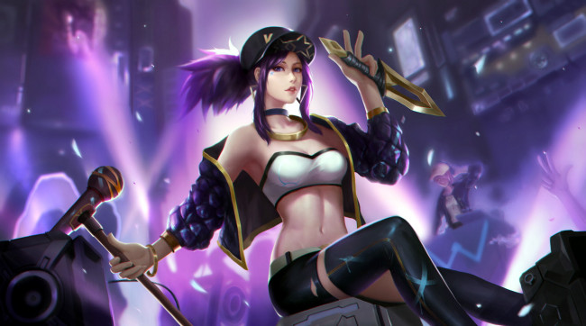 Обои картинки фото видео игры, league of legends, kda, akali, микрофон, оружие