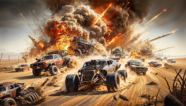 Обои картинки фото 3д графика, мультфильмы,  кино,  видео игры, машины, пустыня, взрывы