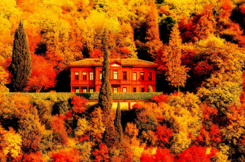 Картинка 3д+графика архитектура+ architecture дом особняк лес деревья осень