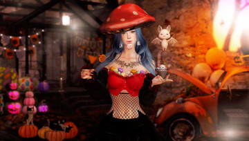 Картинка 3д+графика праздники+ holidays девушка шляпа существа тыквы кошки машины