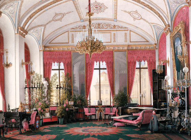 Обои картинки фото рисованное, эдуард гау, дворец, интерьер, зал, лепнина, люстра, столы, стулья, окна, свечи