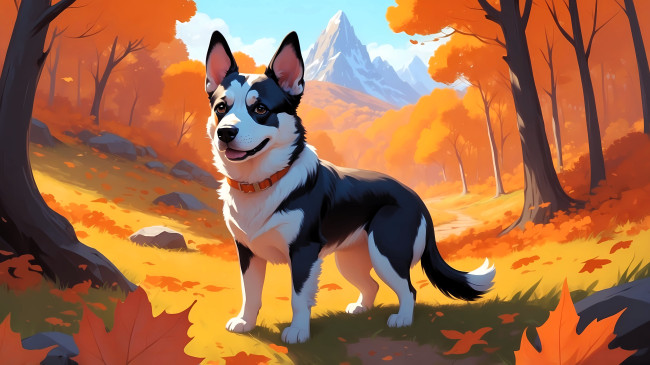 Обои картинки фото рисованное, животные,  собаки, собака, ошейник, осень, дорожка, деревья, листья, горы, лес