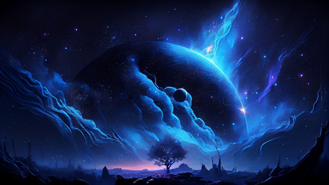 Обои картинки фото космос, арт, планеты, туманность, звезды, поверхность, дерево