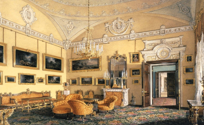 Обои картинки фото рисованное, эдуард гау, дворец, интерьер, комната, лепнина, люстра, ковер, картины, кресла, диваны