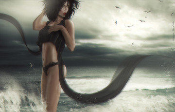 Картинка 3д графика people люди море девушка птицы