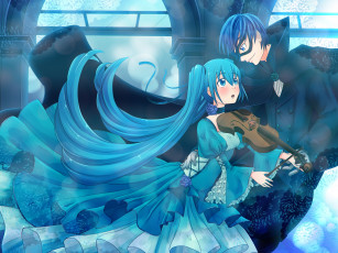 Картинка аниме vocaloid вокалоид танец музыка hatsune miku девушка скрипка парень kaito настроение улыбка