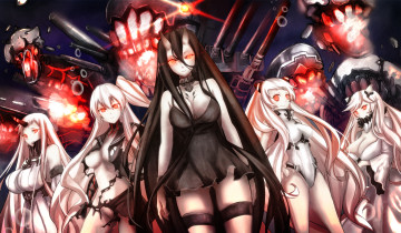 Картинка аниме kantai+collection battleship-symbiotic hime airfield недовольство улыбка aircraft carrier oni магия оружие взгляд seaport девушки untsue art midway грудь kantai collection
