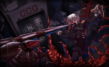 Картинка аниме tokyo+ghoul гуль парни art tokyo ghoul оружие ночь город сражение маска amon koutarou kaneki ken коготь